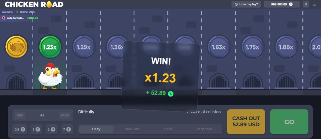 Panel wygranej w Chicken Road – wypłata 53.32 USD po udanym przejściu